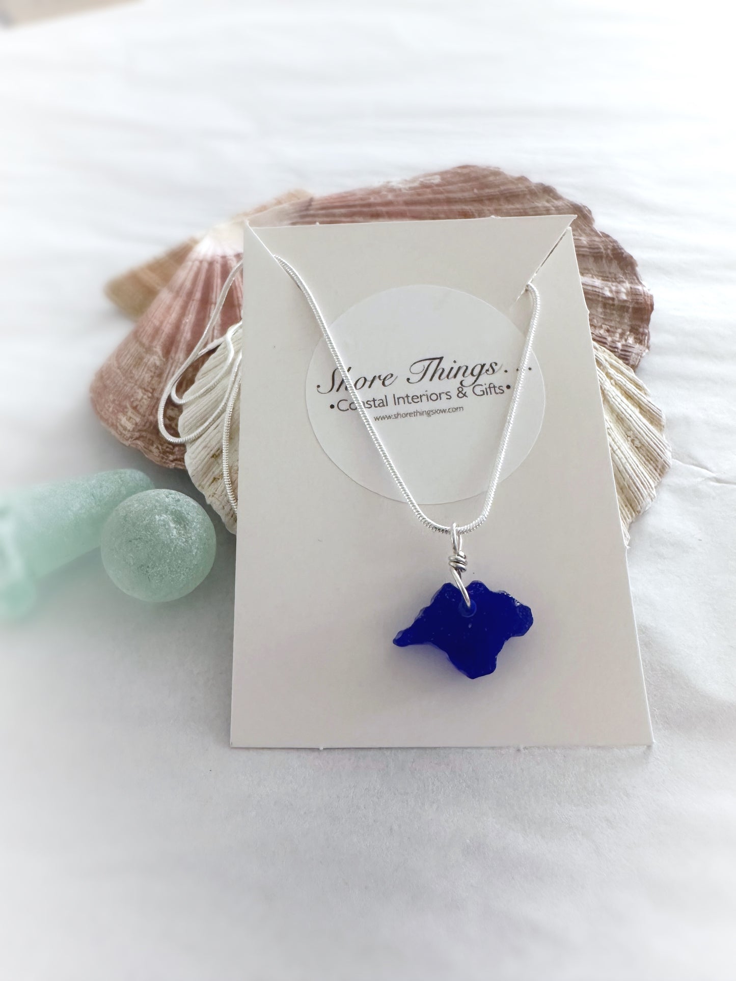 Sea Glass Carved Isle of Wight Necklace 18” Stirling Silver