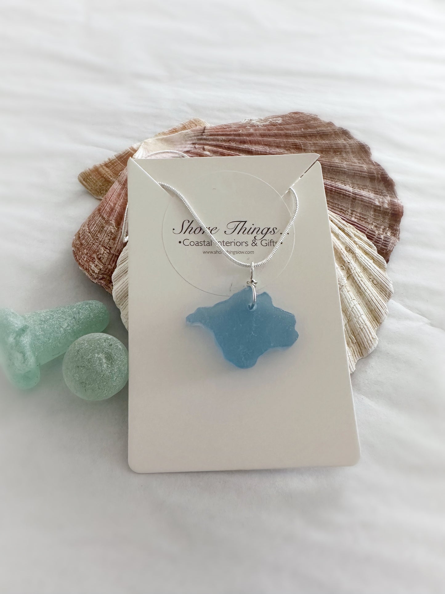 Sea Glass Carved Isle of Wight Necklace 18” Stirling Silver