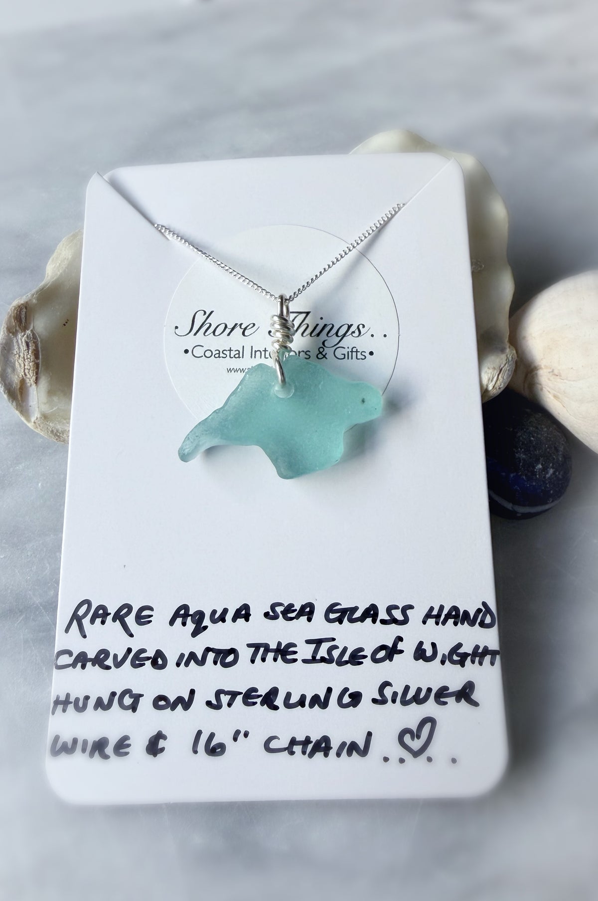 Sea Glass Carved Isle of Wight Necklace 16” Stirling Silver