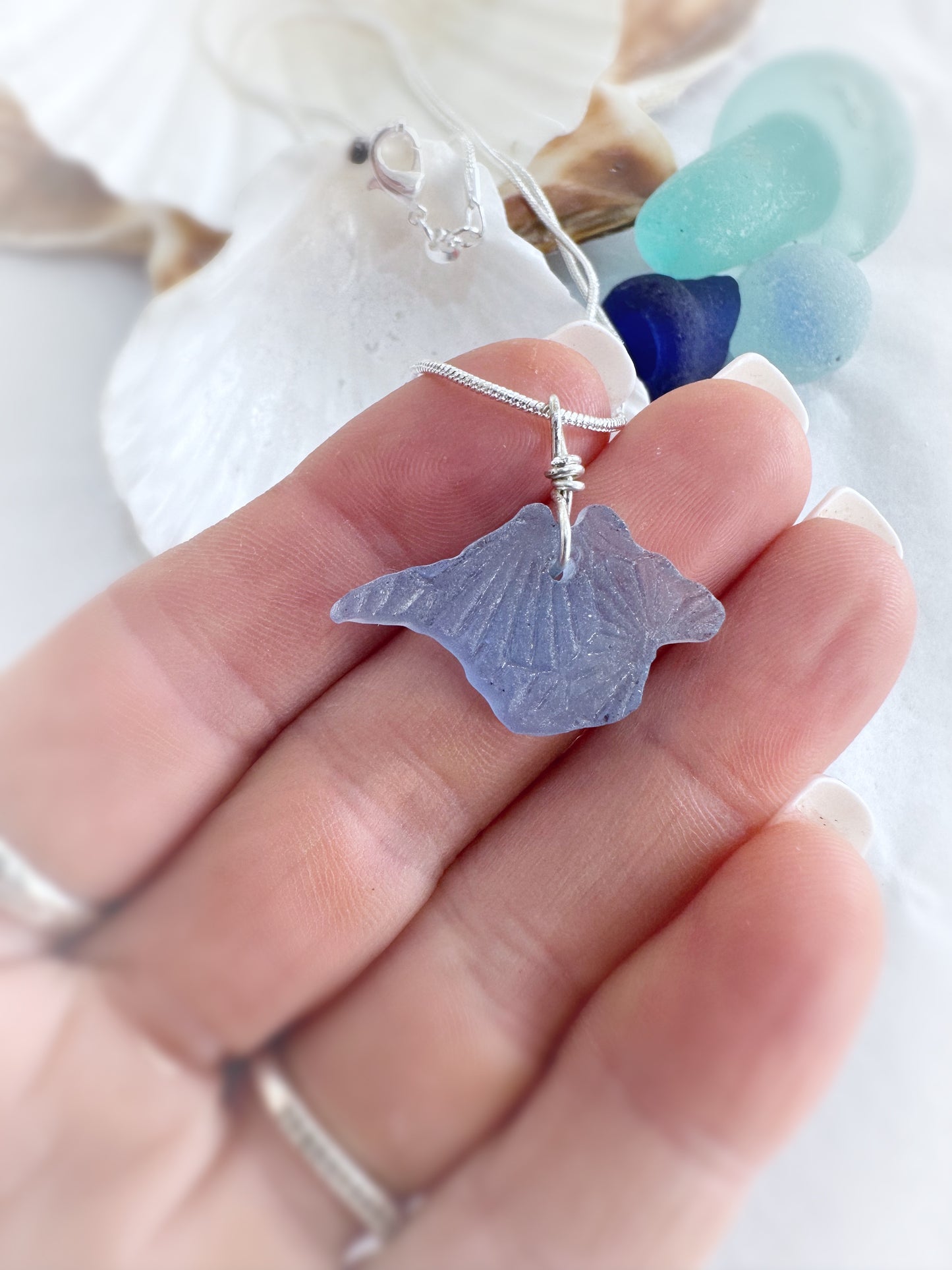 Sea Glass Carved Isle of Wight Necklace 18” Stirling Silver