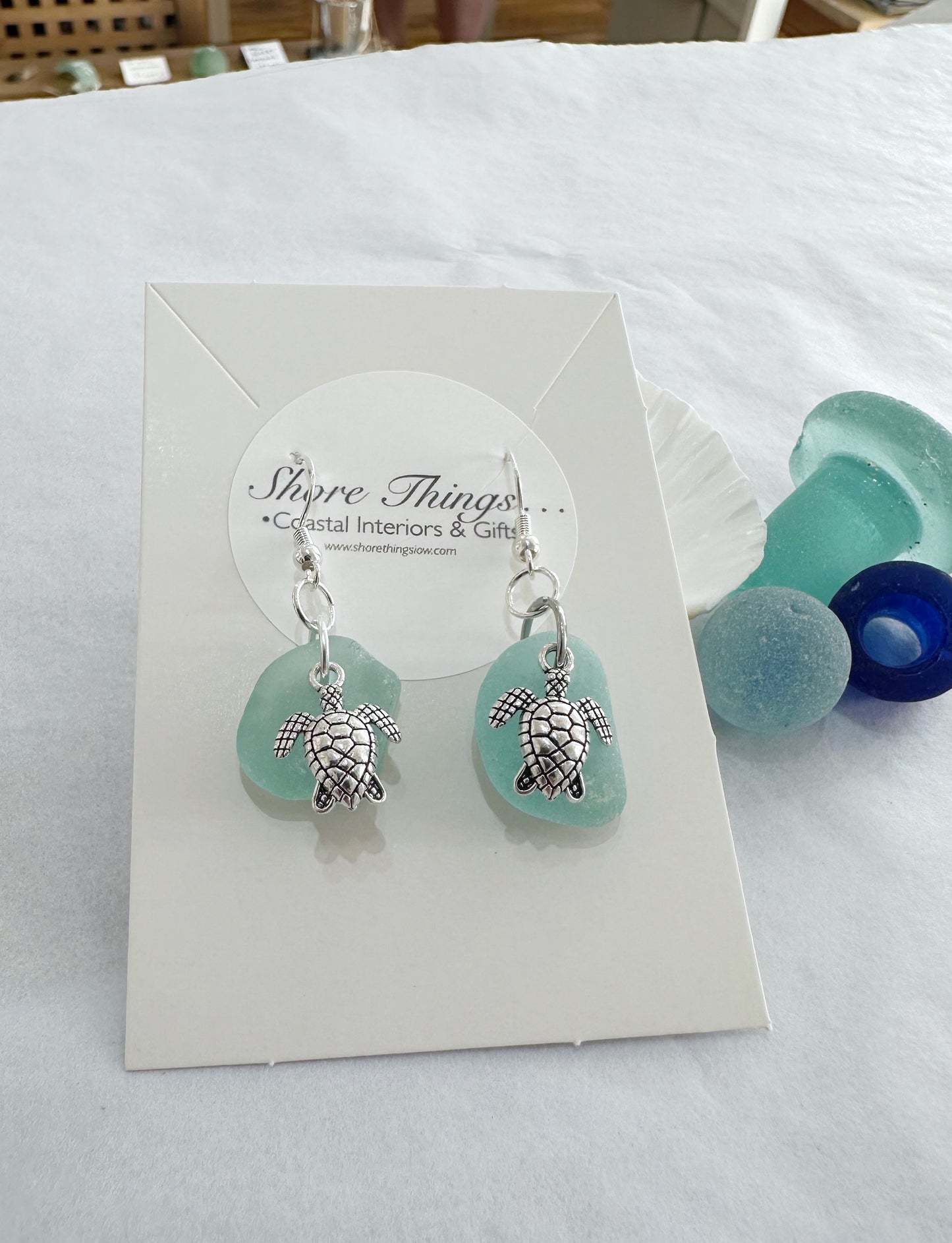 Sea glass & turtle charm earrings