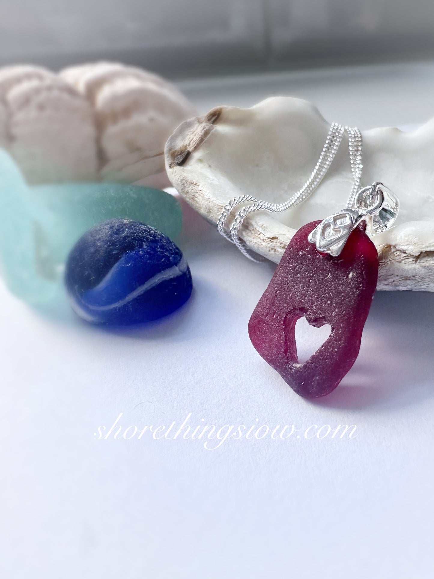 Hand Drilled Heart in Red Sea Glass Silver Necklace