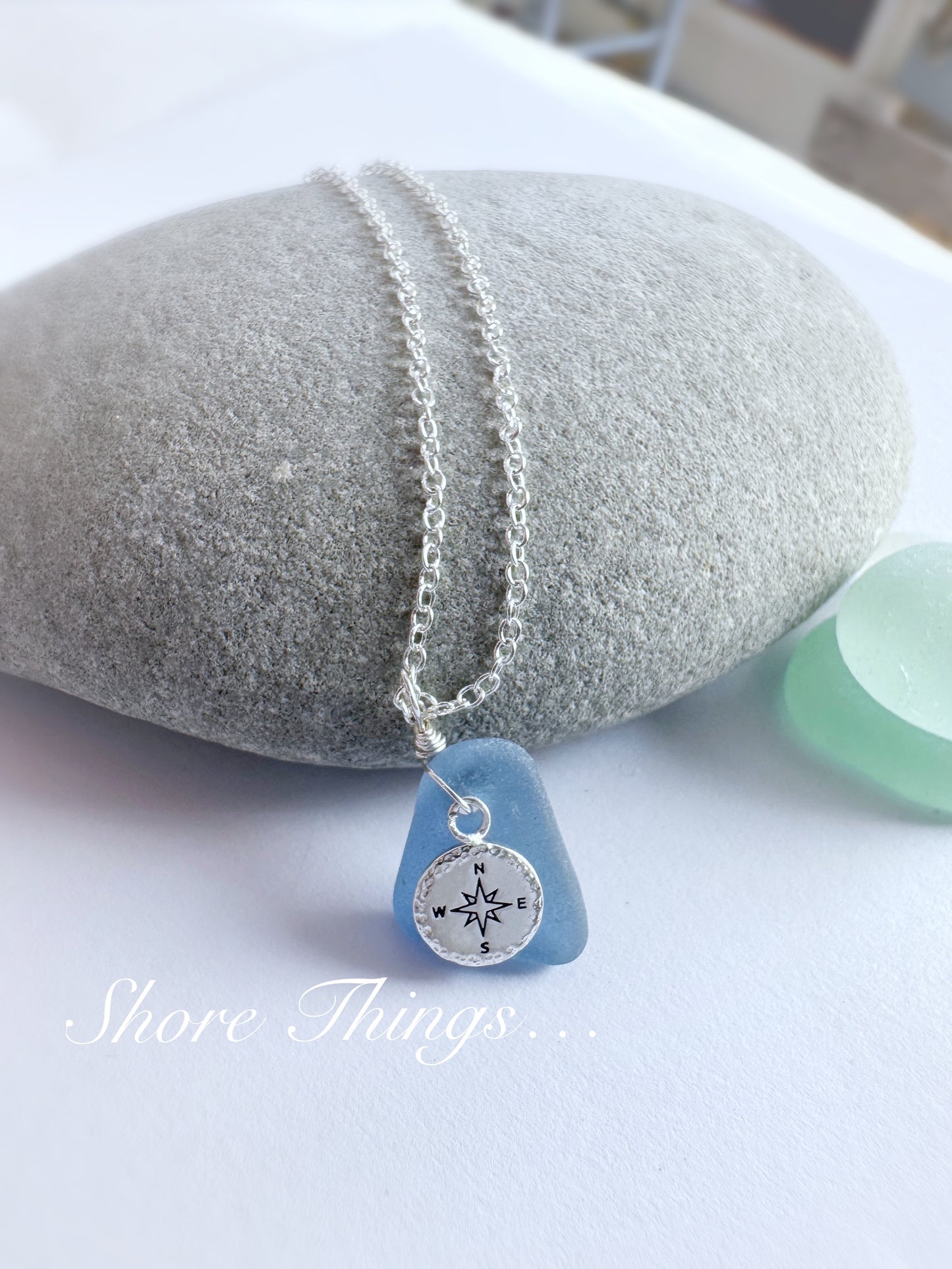 Sea Glass .925 Silver Charm necklace - compass