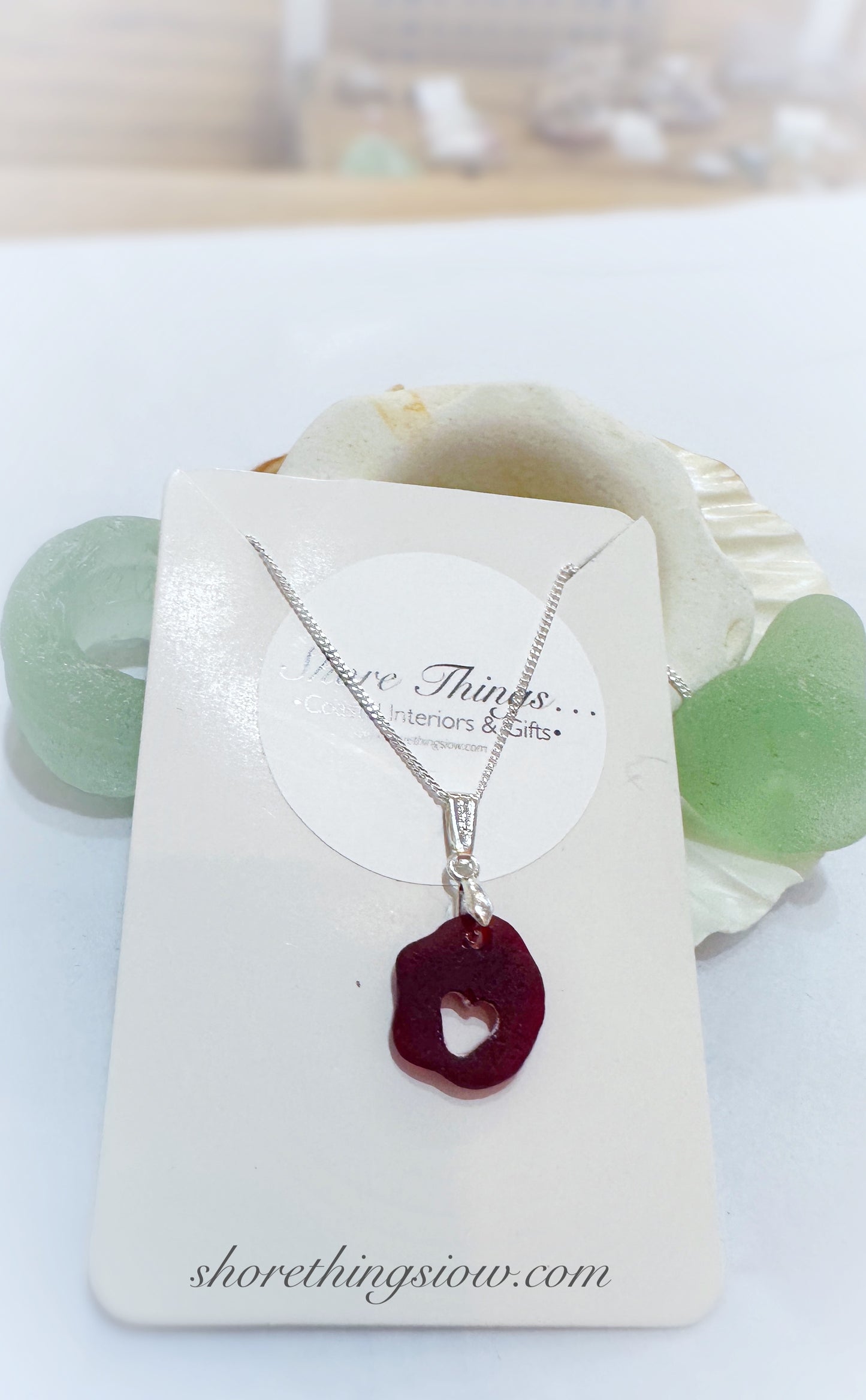 Hand Drilled Heart in Red Sea Glass Silver Necklace