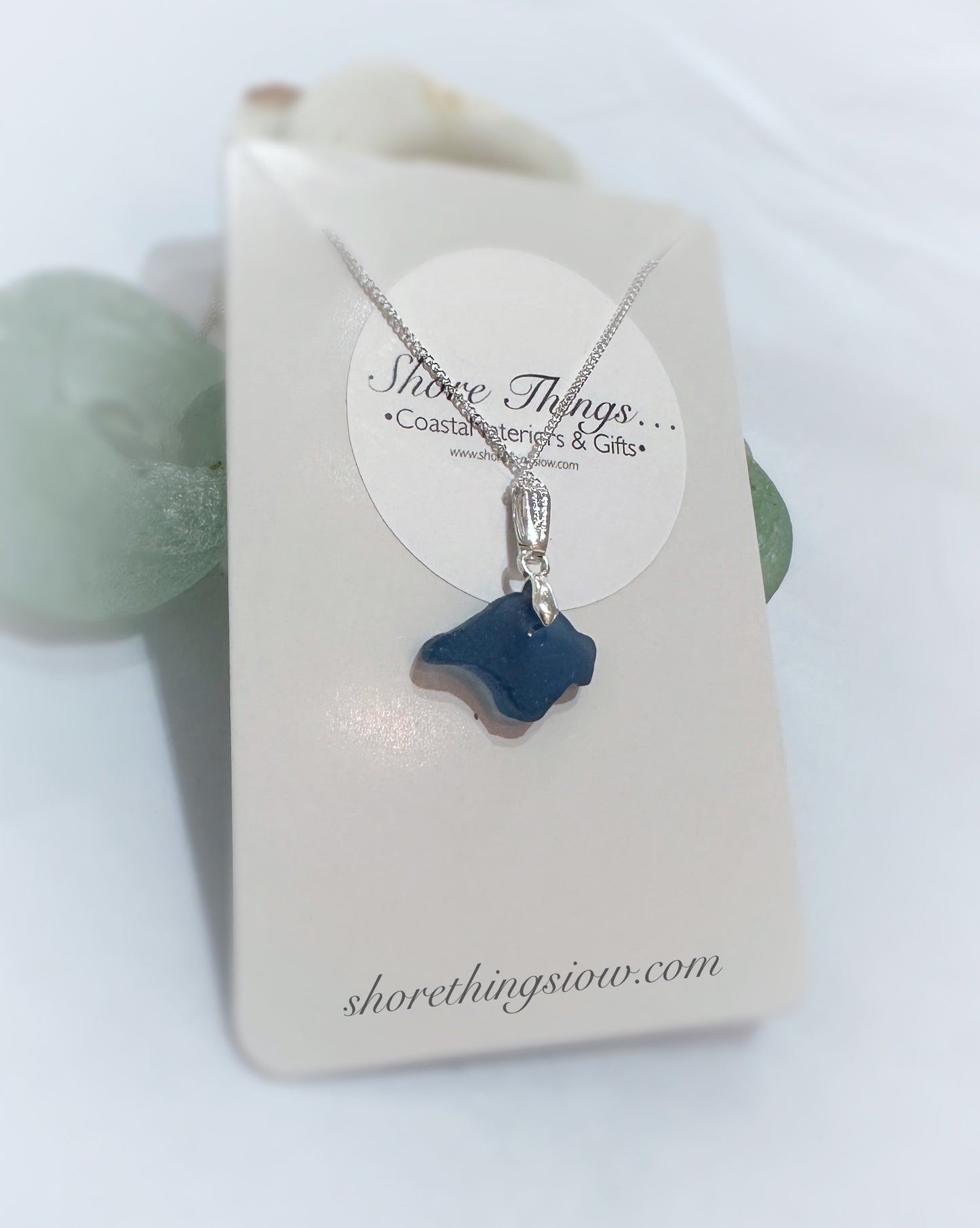 Sea Glass Carved Isle of Wight Necklace 18” Stirling Silver