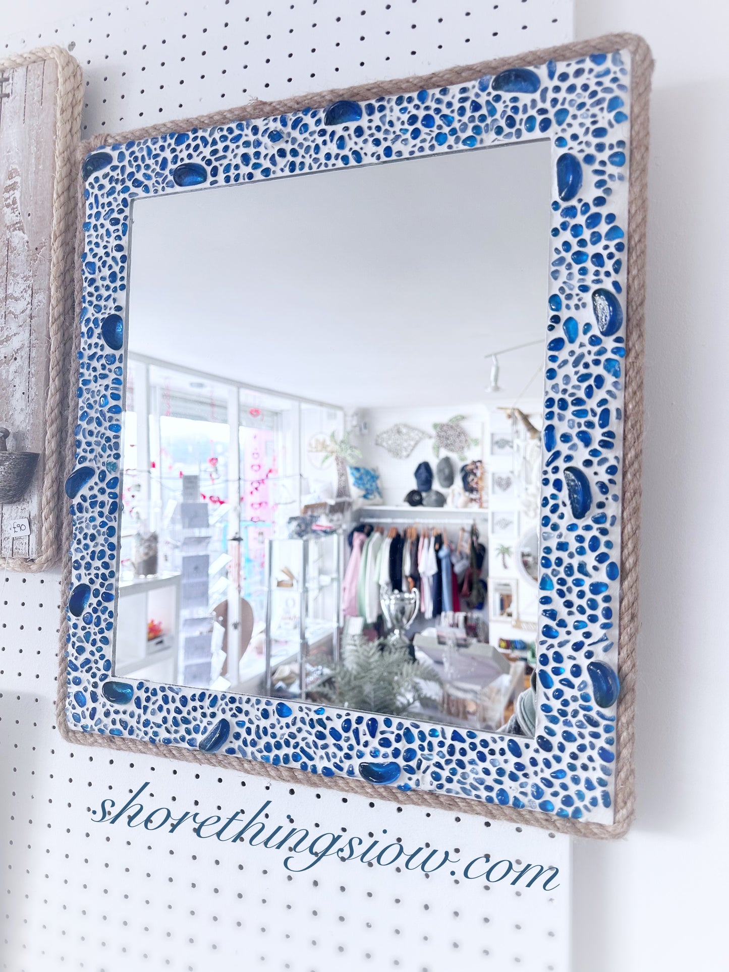 Blue glass mirror 16”x18”