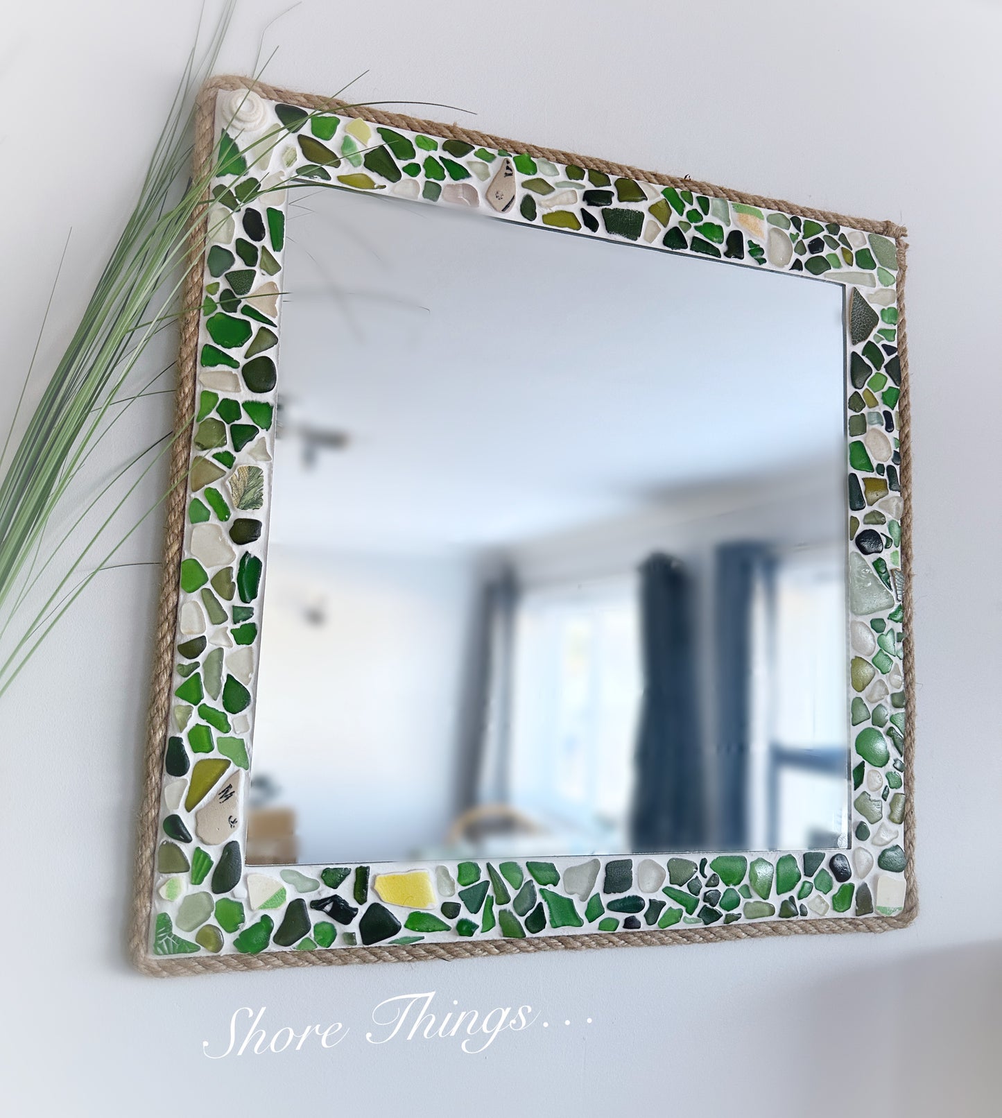 Sea Glass & Sea Pottery Green Mirror 25”