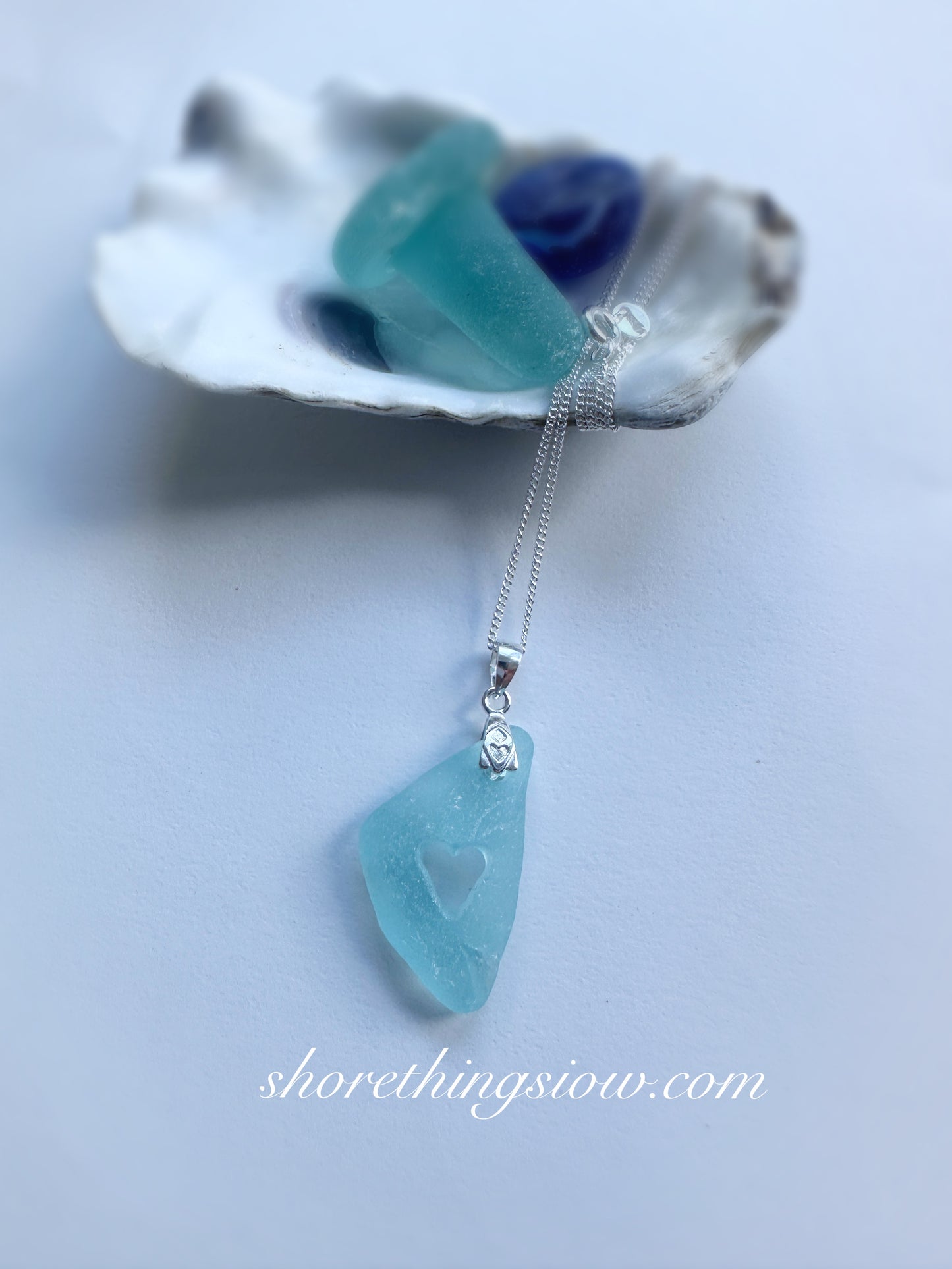 Sea Glass Heart Necklace 18” Stirling Silver