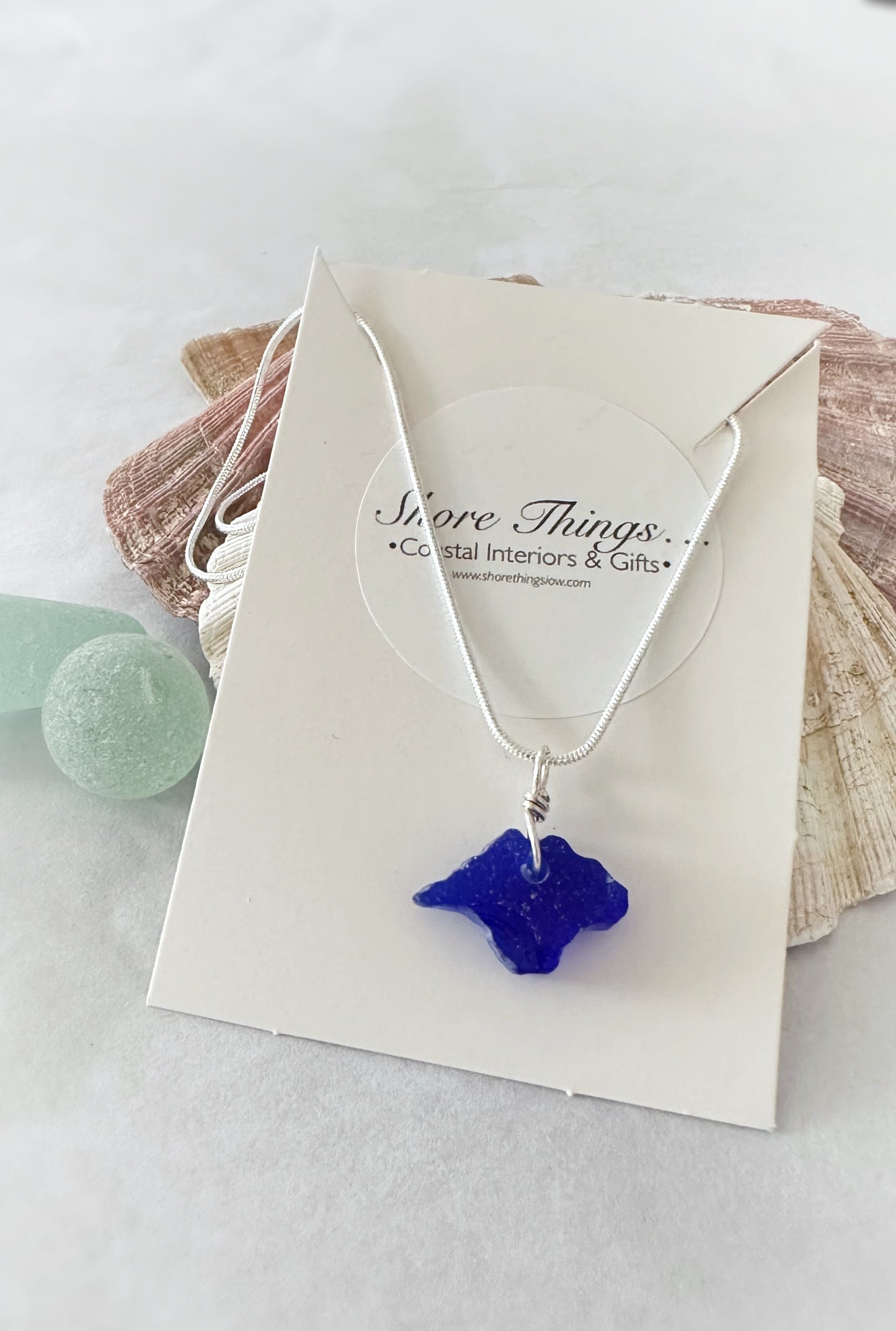 Sea Glass Carved Isle of Wight Necklace 18” Stirling Silver