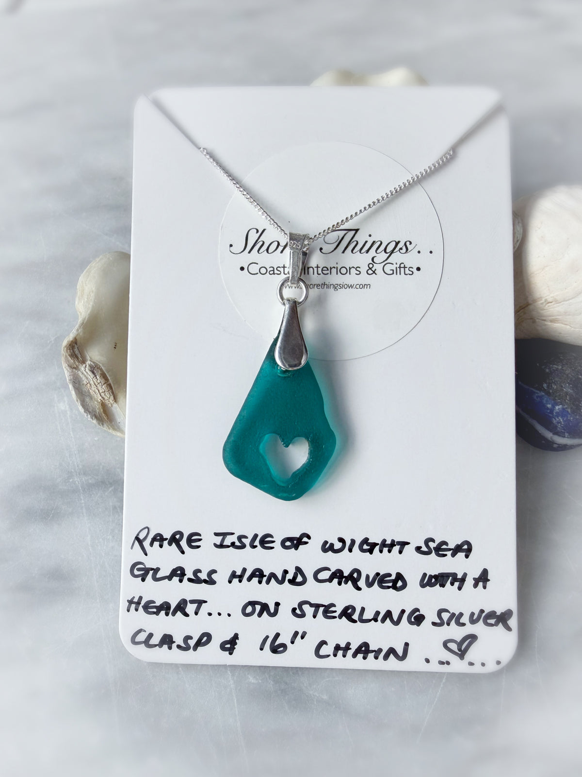 Rare Teal Carved Sea glass Silver Necklace