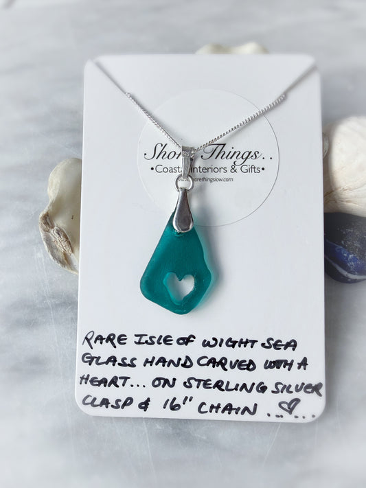 Rare Teal Carved Sea glass Silver Necklace