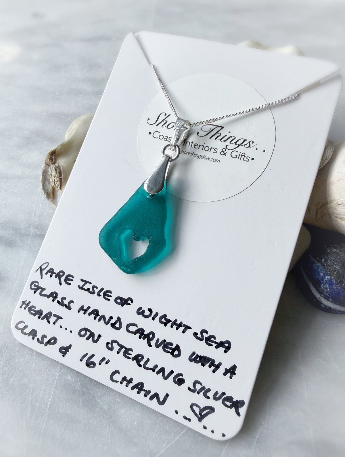 Rare Teal Carved Sea glass Silver Necklace