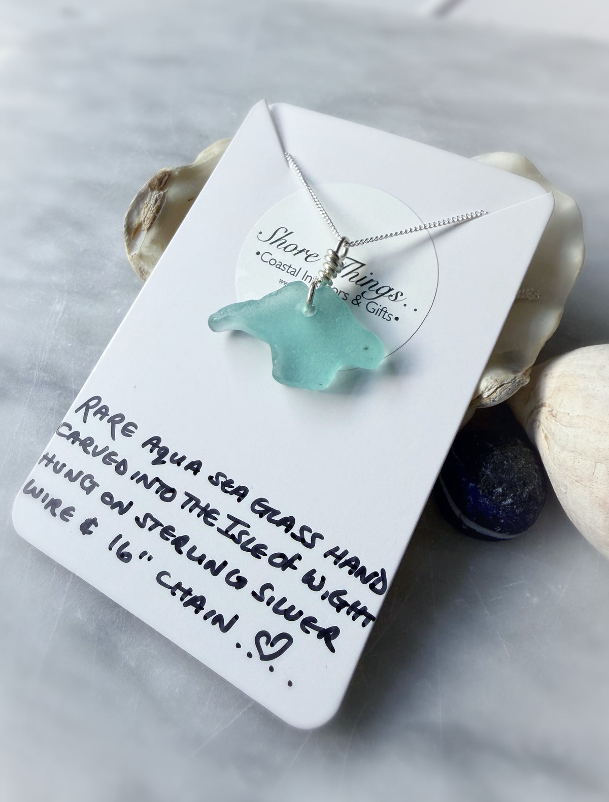 Sea Glass Carved Isle of Wight Necklace 16” Stirling Silver
