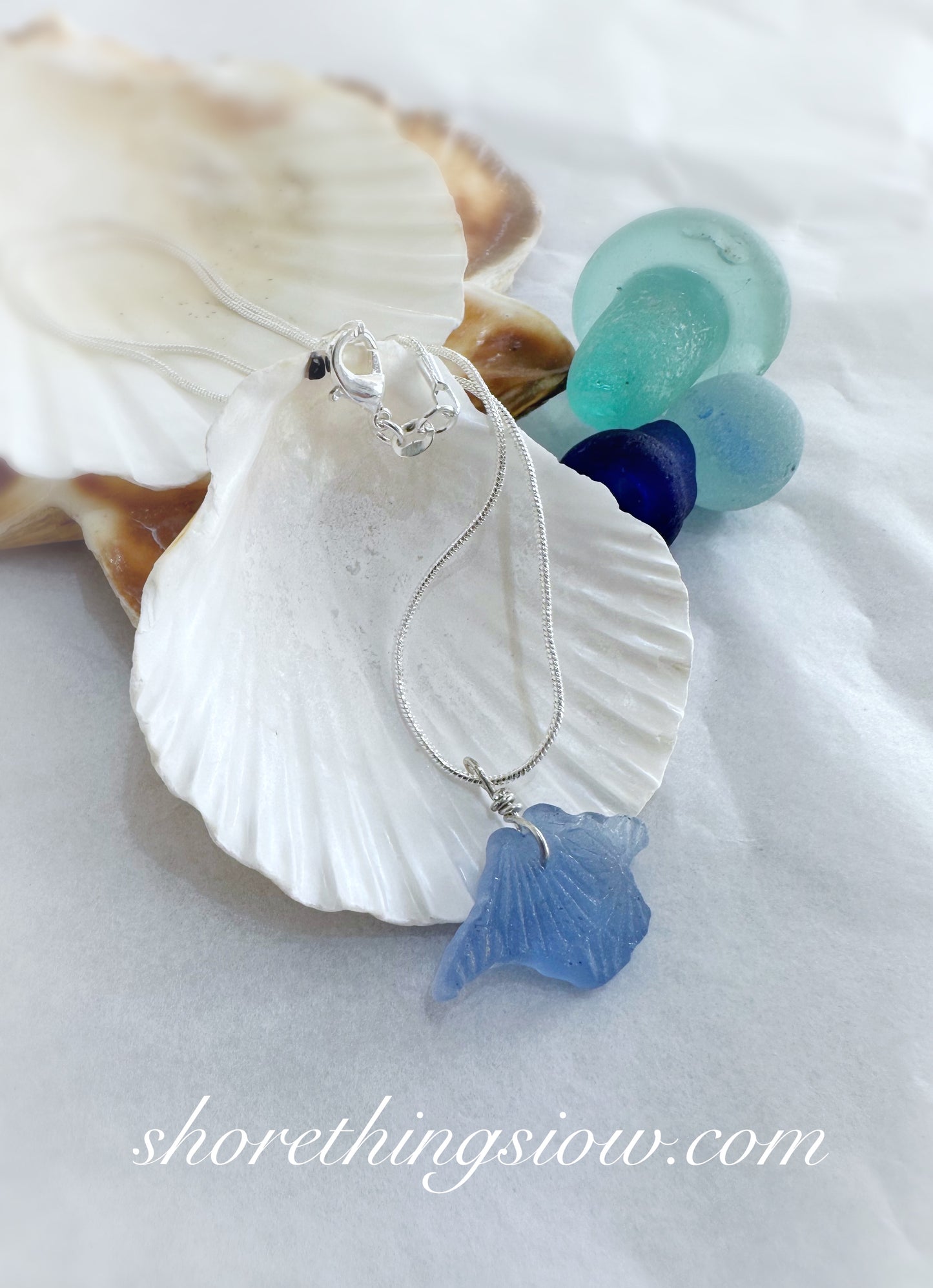 Sea Glass Carved Isle of Wight Necklace 18” Stirling Silver