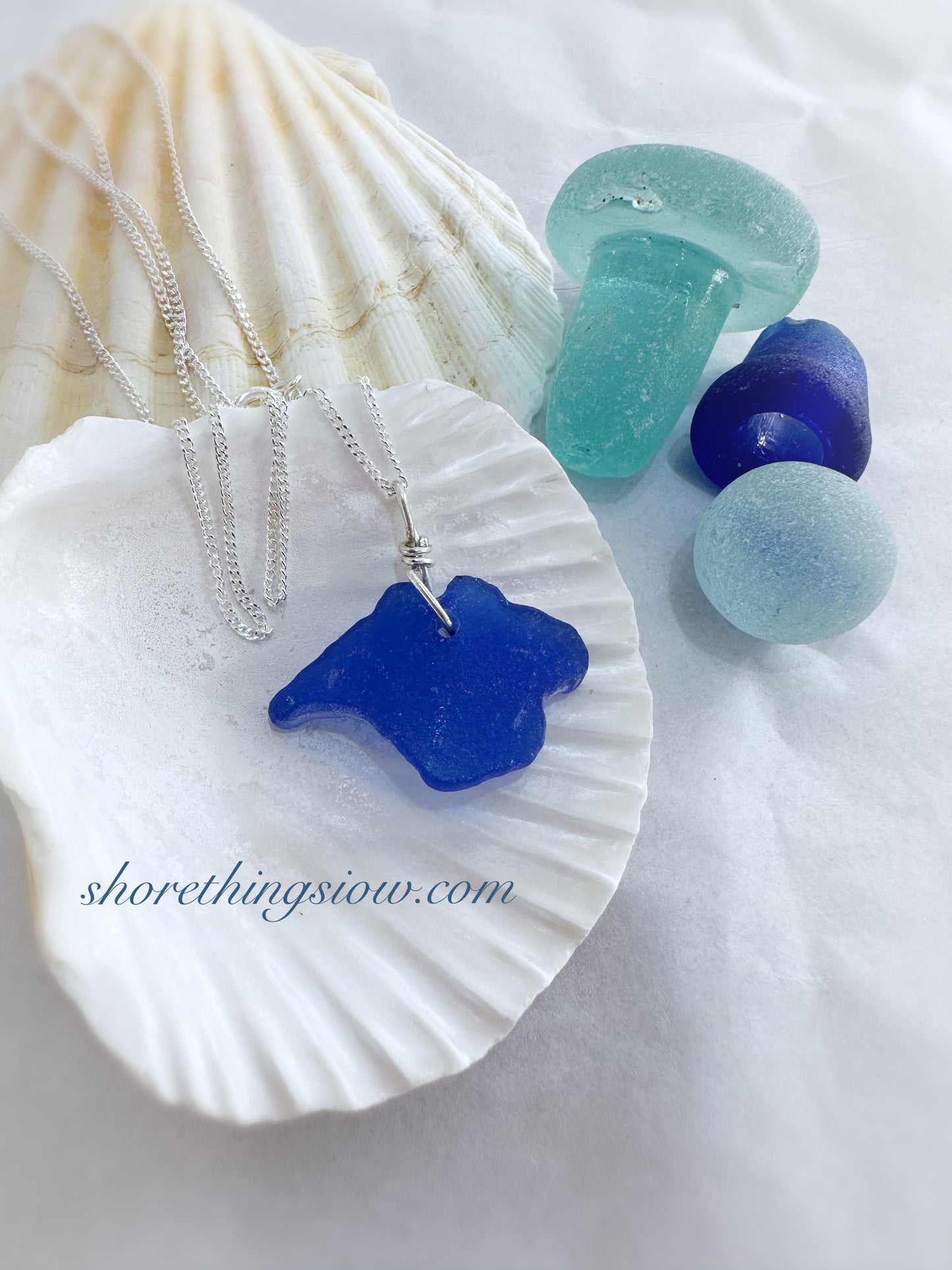 Sea Glass Carved Isle of Wight Necklace 18” Stirling Silver