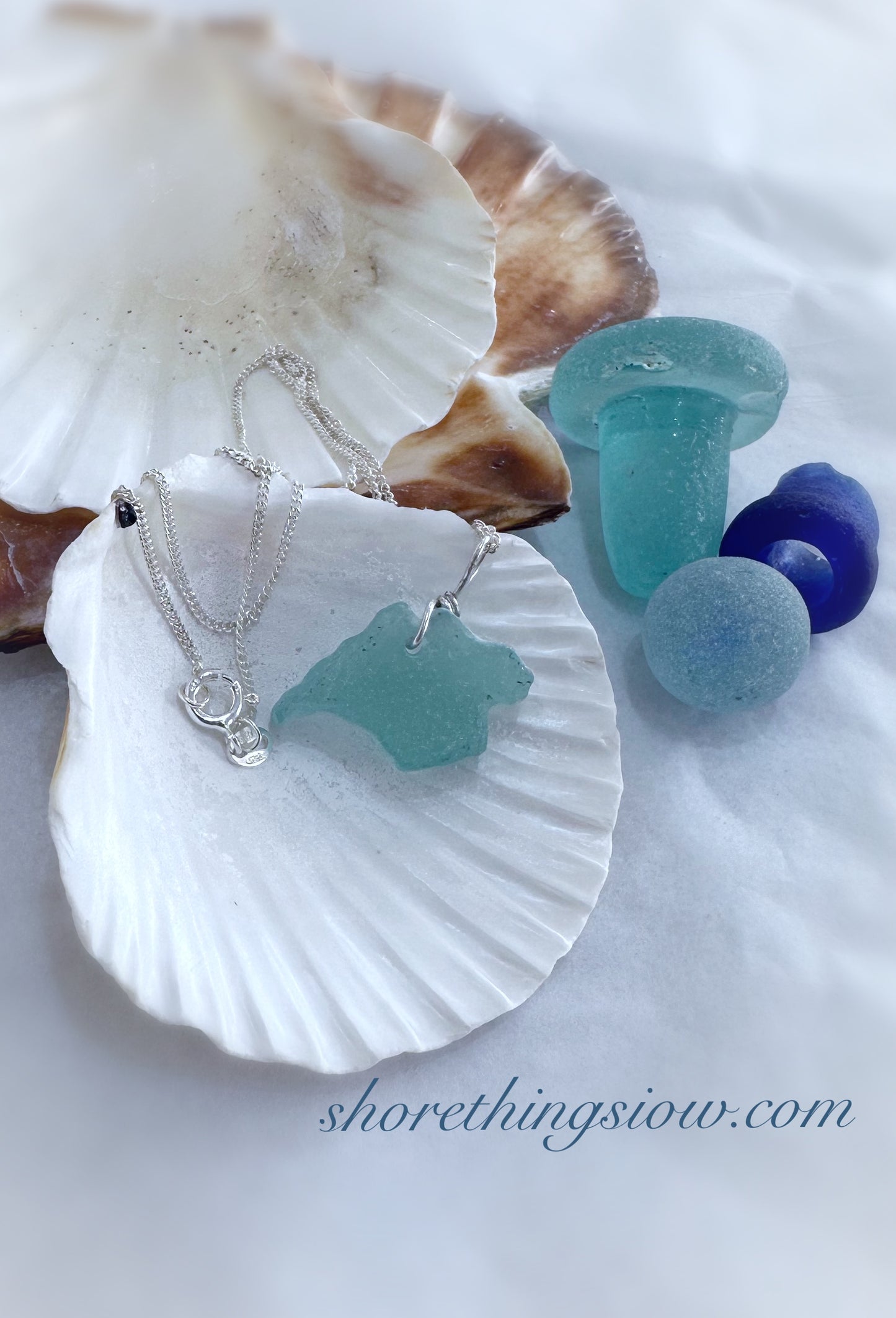 Sea Glass Carved Isle of Wight Necklace 18” Stirling Silver