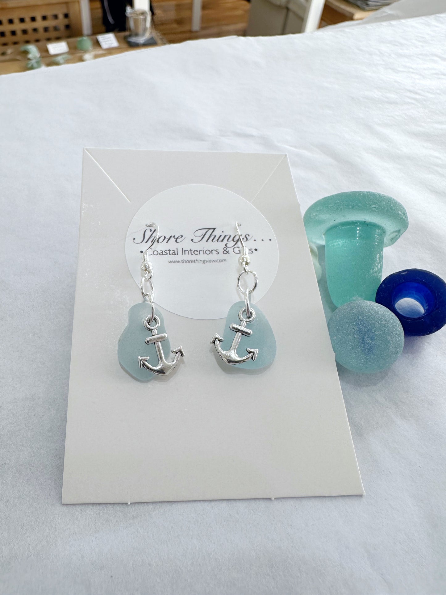 Sea glass & anchor charm earrings