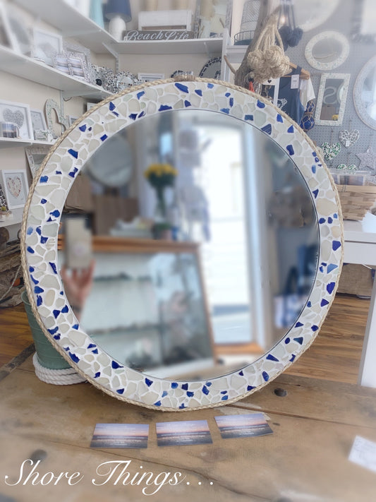 Glass Blue & White Mirror 22”