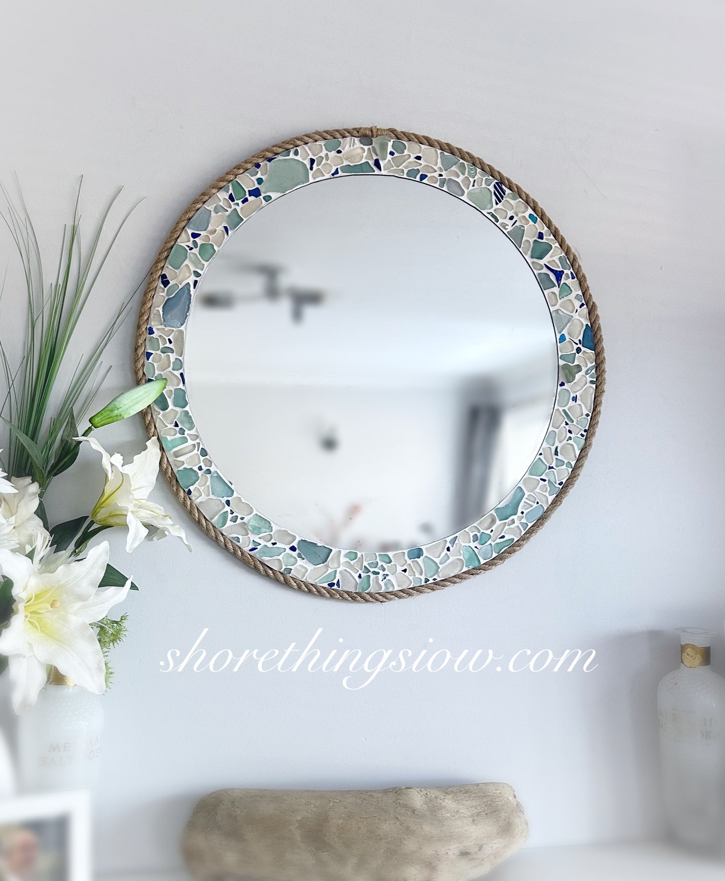 Blue Sea Glass & Stopper 22” Mirror