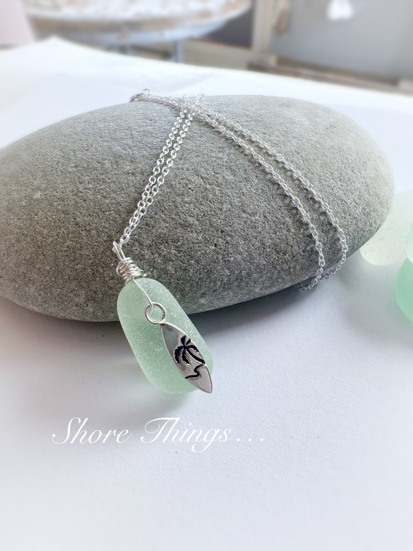 Sea Glass .925 Silver Charm necklace - surf board bottle stopper