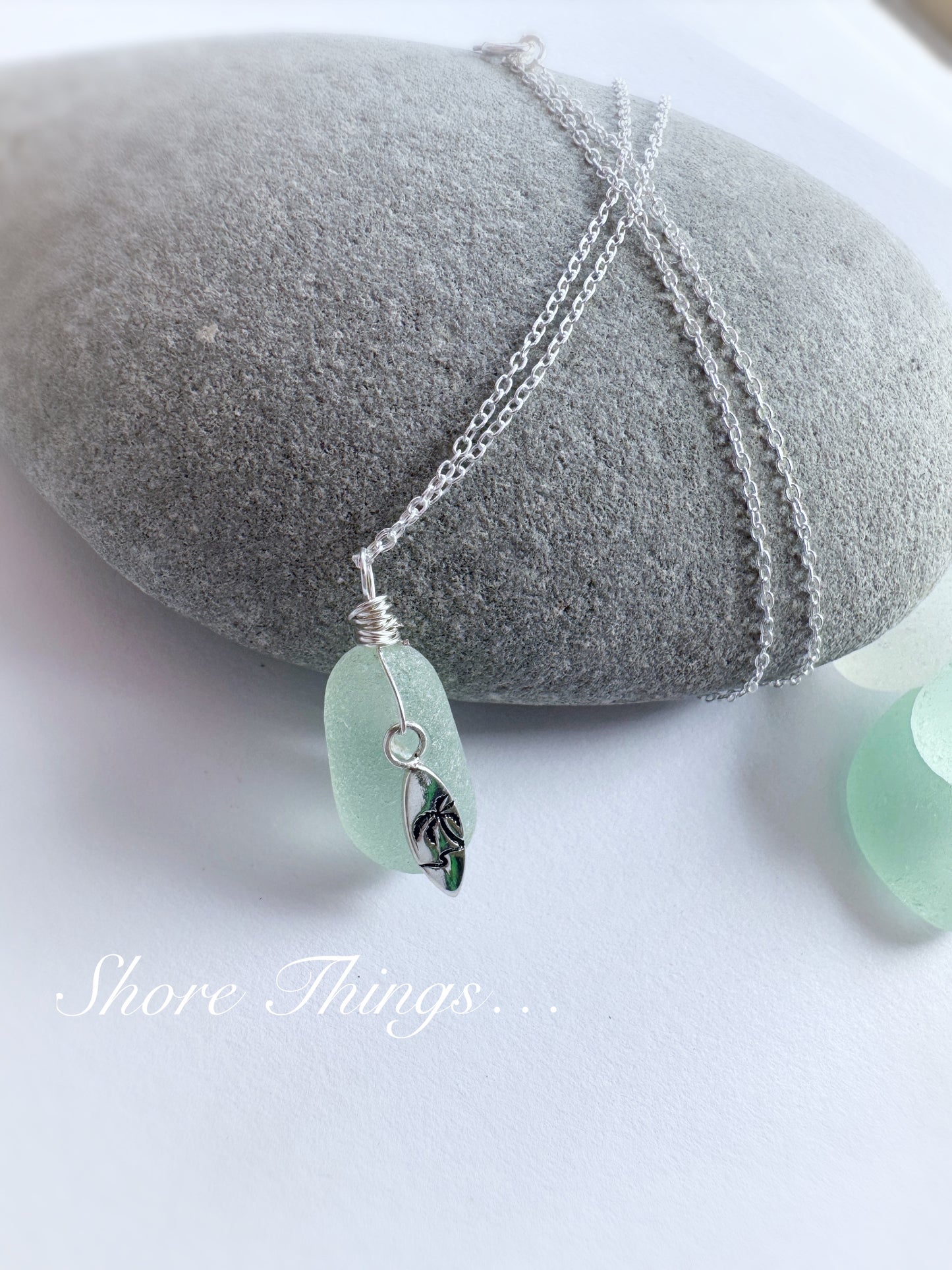 Sea Glass .925 Silver Charm necklace - surf board bottle stopper