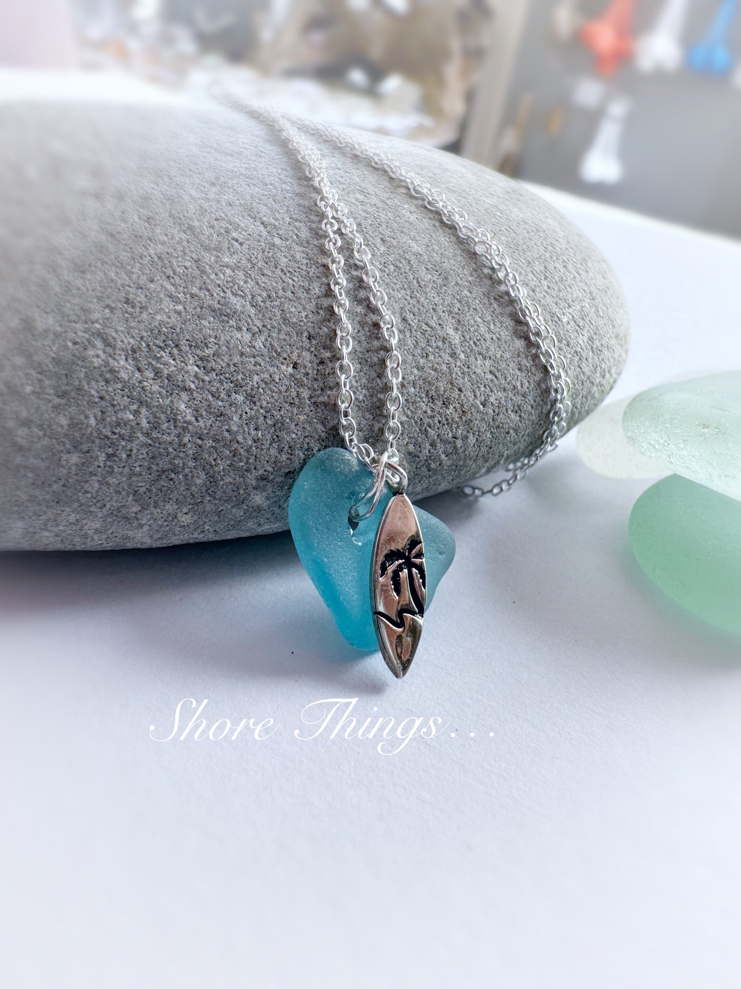 Sea Glass .925 Silver Charm necklace - surf board