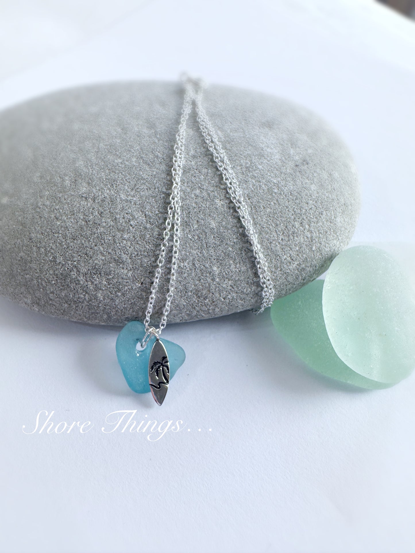 Sea Glass .925 Silver Charm necklace - surf board