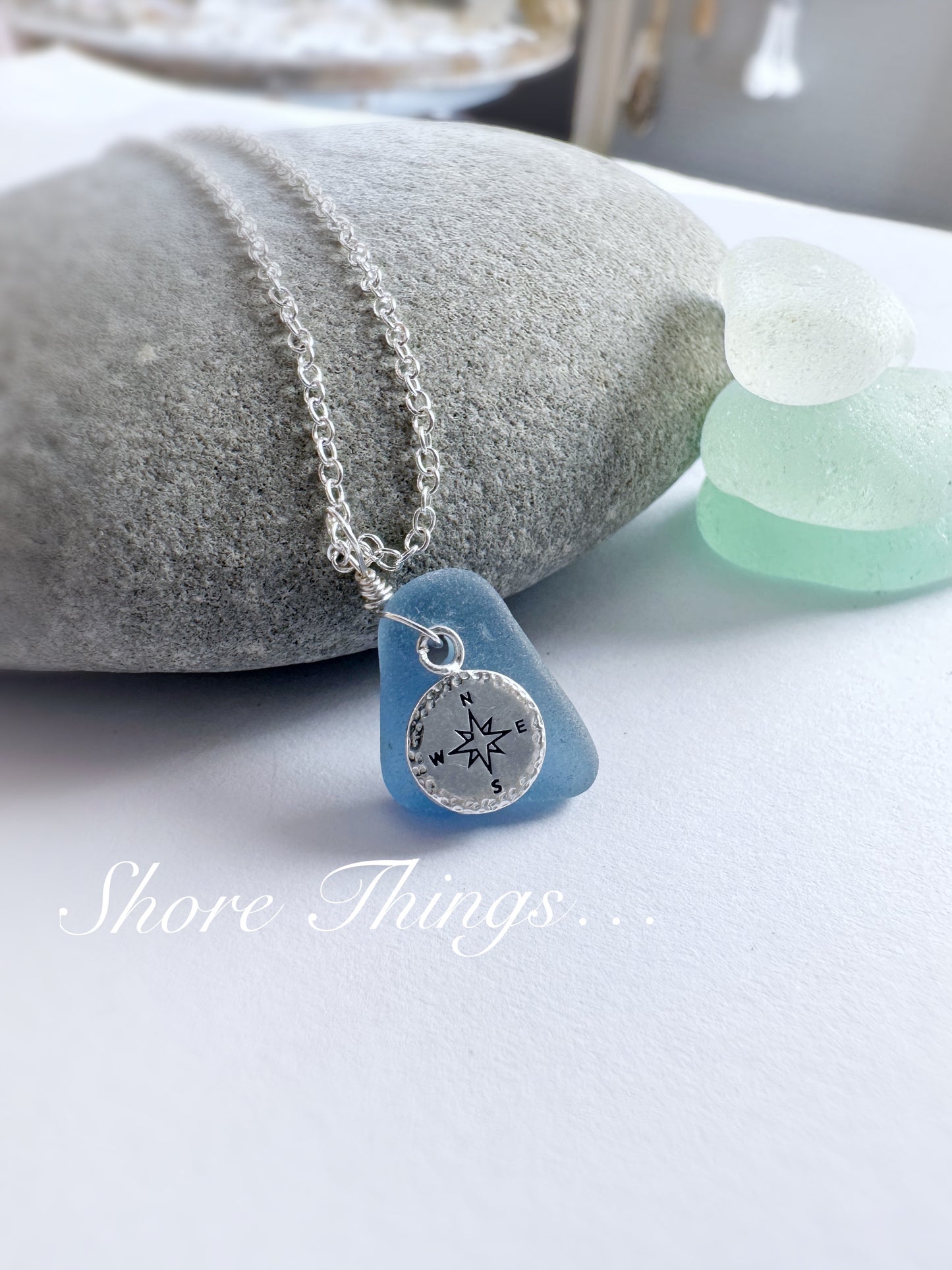 Sea Glass .925 Silver Charm necklace - compass