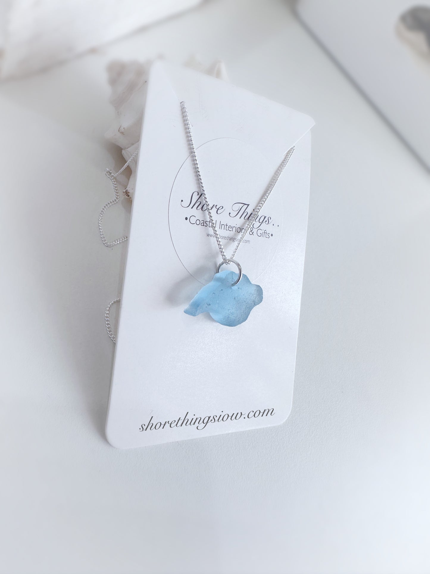 Sea Glass Carved Isle of Wight Necklace 18” Stirling Silver