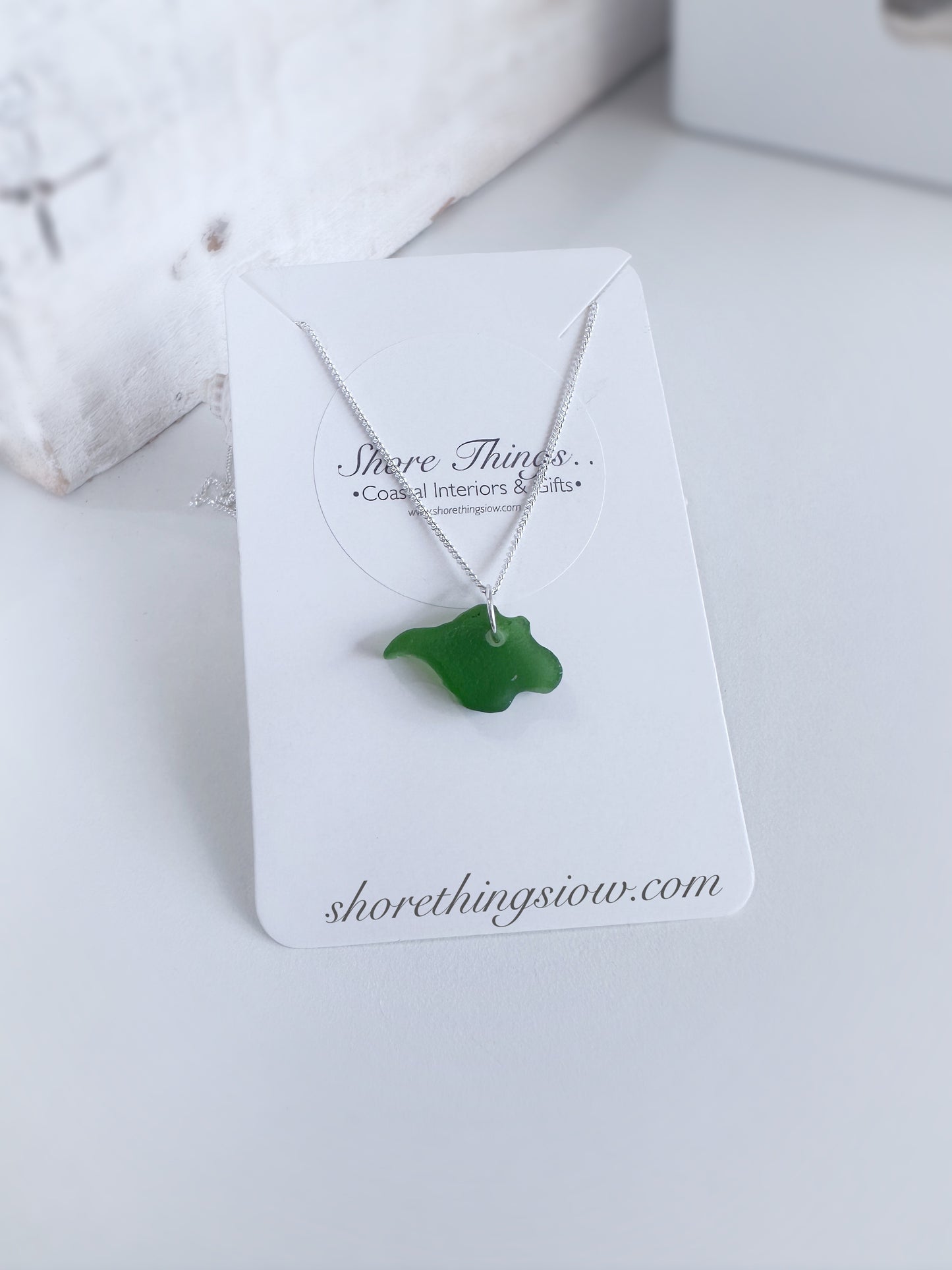 Sea Glass Carved Isle of Wight Necklace 18” Stirling Silver