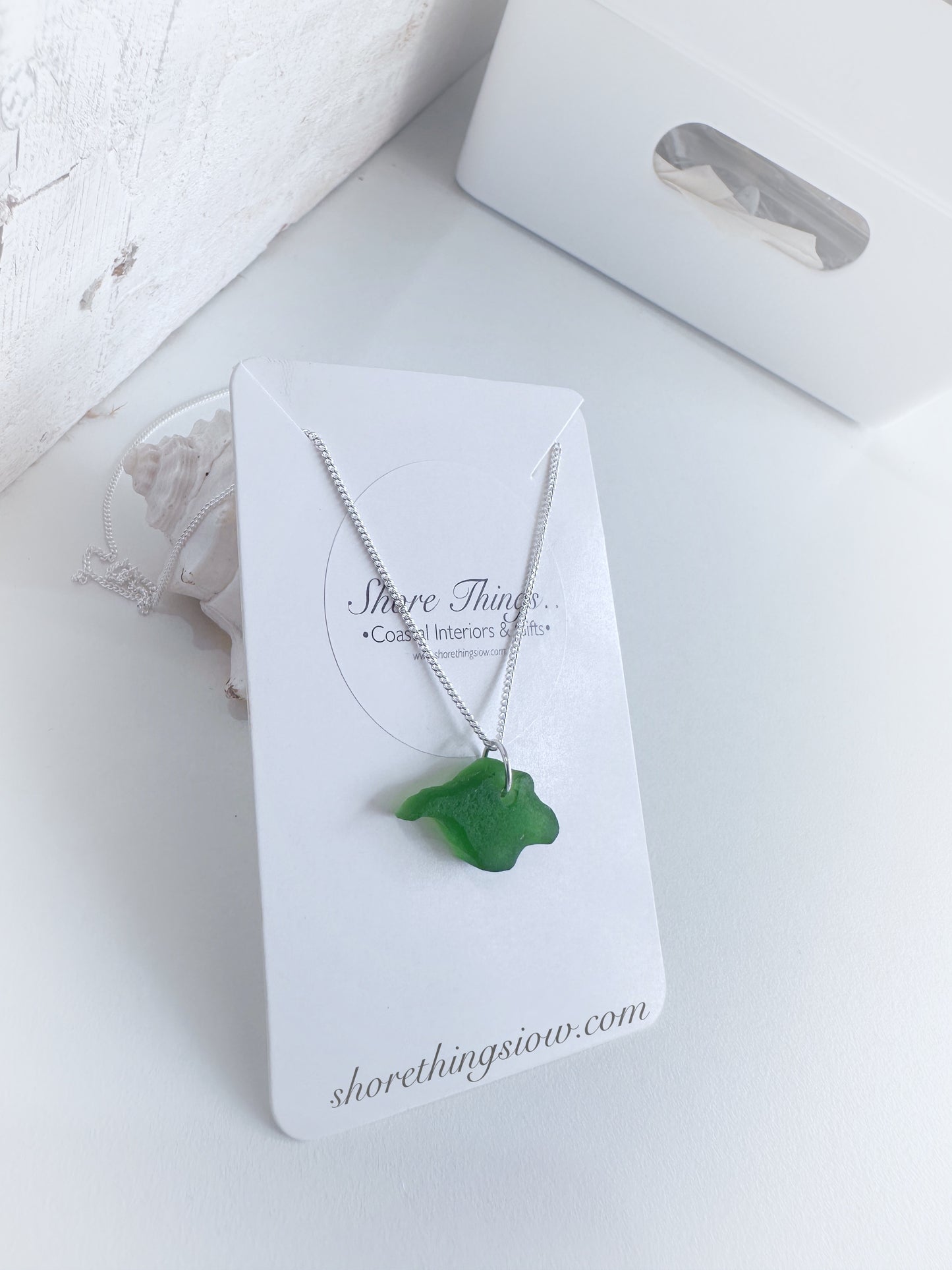 Sea Glass Carved Isle of Wight Necklace 18” Stirling Silver