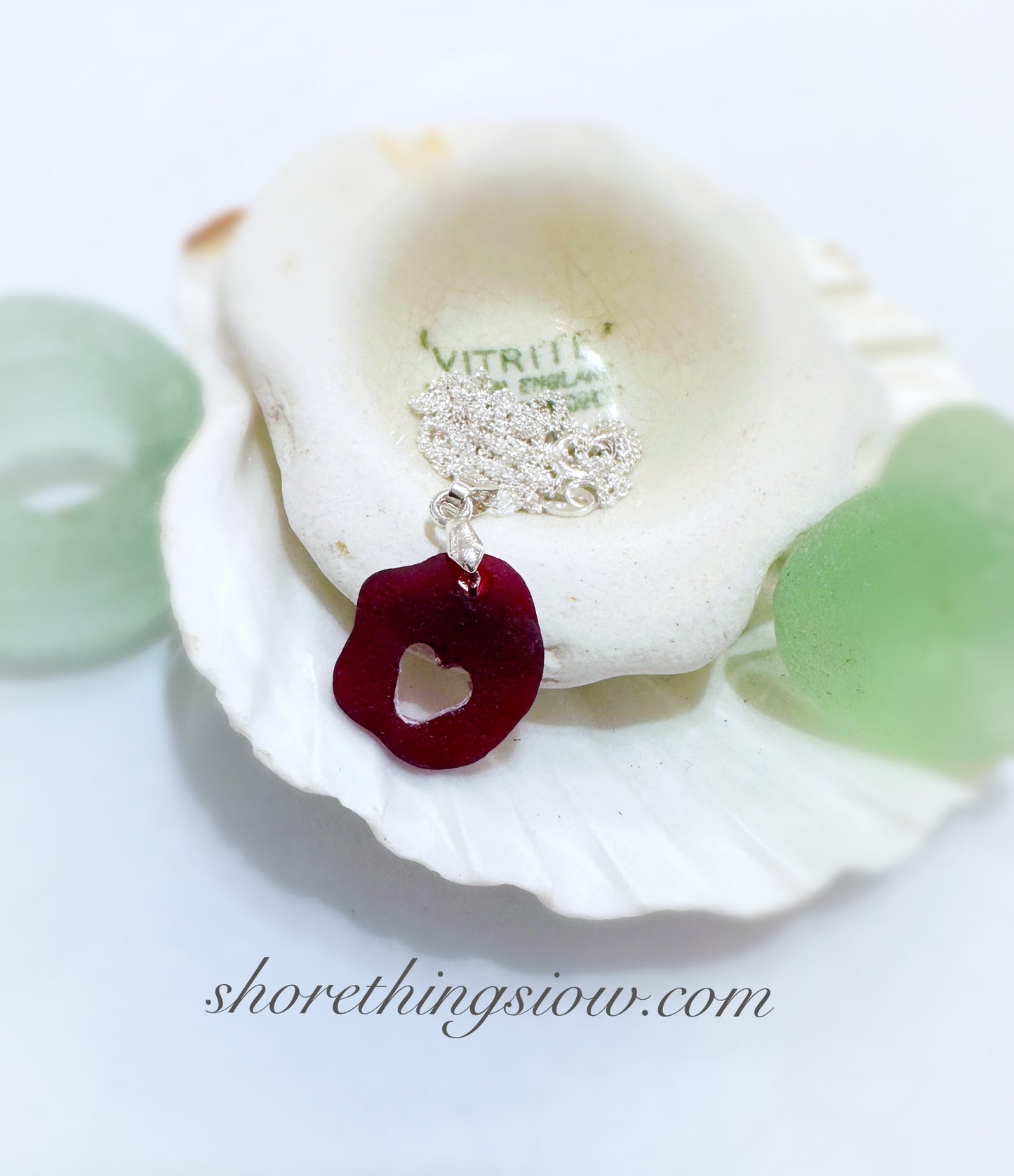 Hand Drilled Heart in Red Sea Glass Silver Necklace