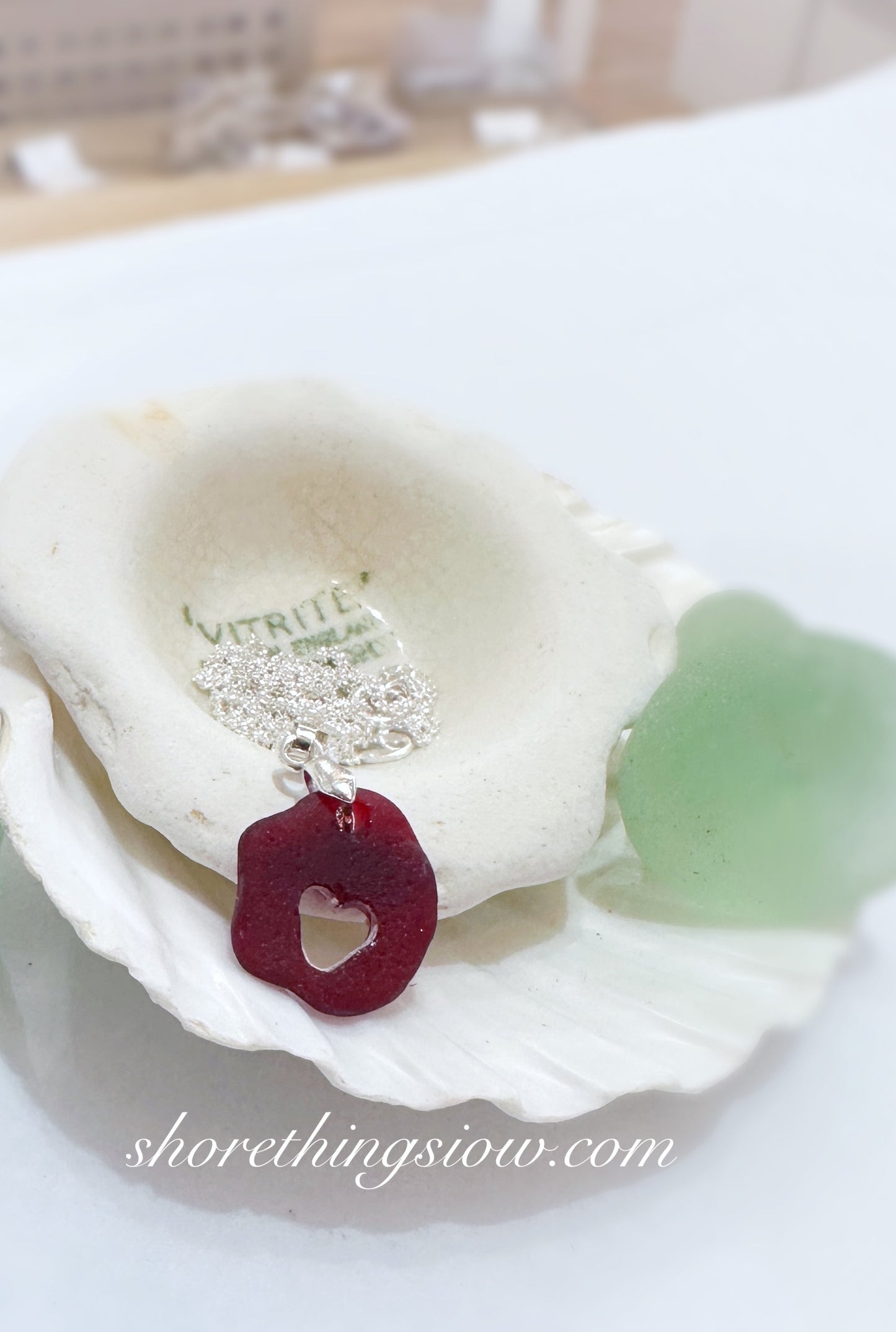 Hand Drilled Heart in Red Sea Glass Silver Necklace