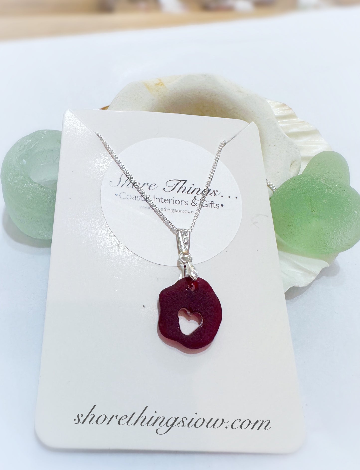 Hand Drilled Heart in Red Sea Glass Silver Necklace