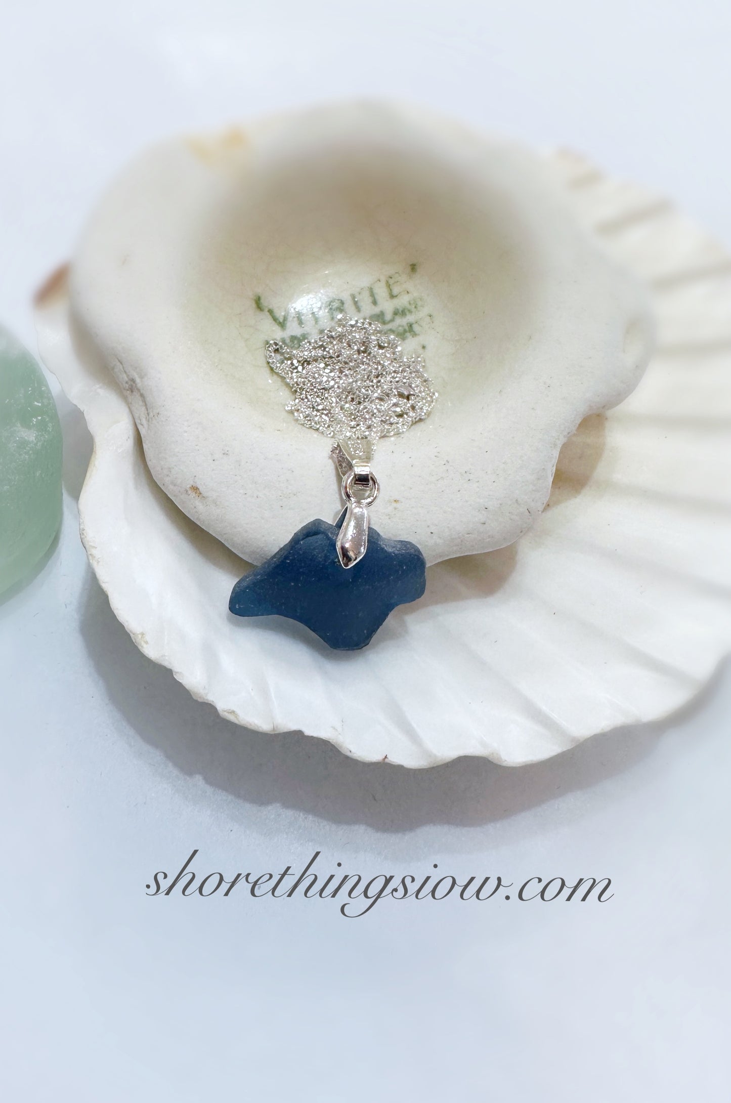 Sea Glass Carved Isle of Wight Necklace 18” Stirling Silver