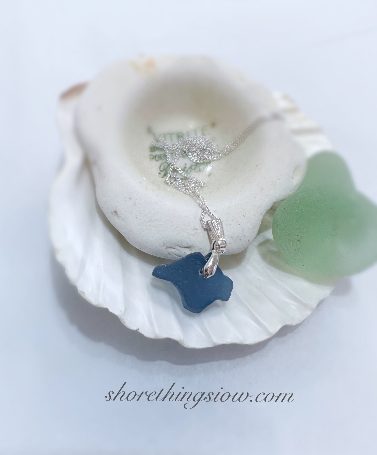 Sea Glass Carved Isle of Wight Necklace 18” Stirling Silver