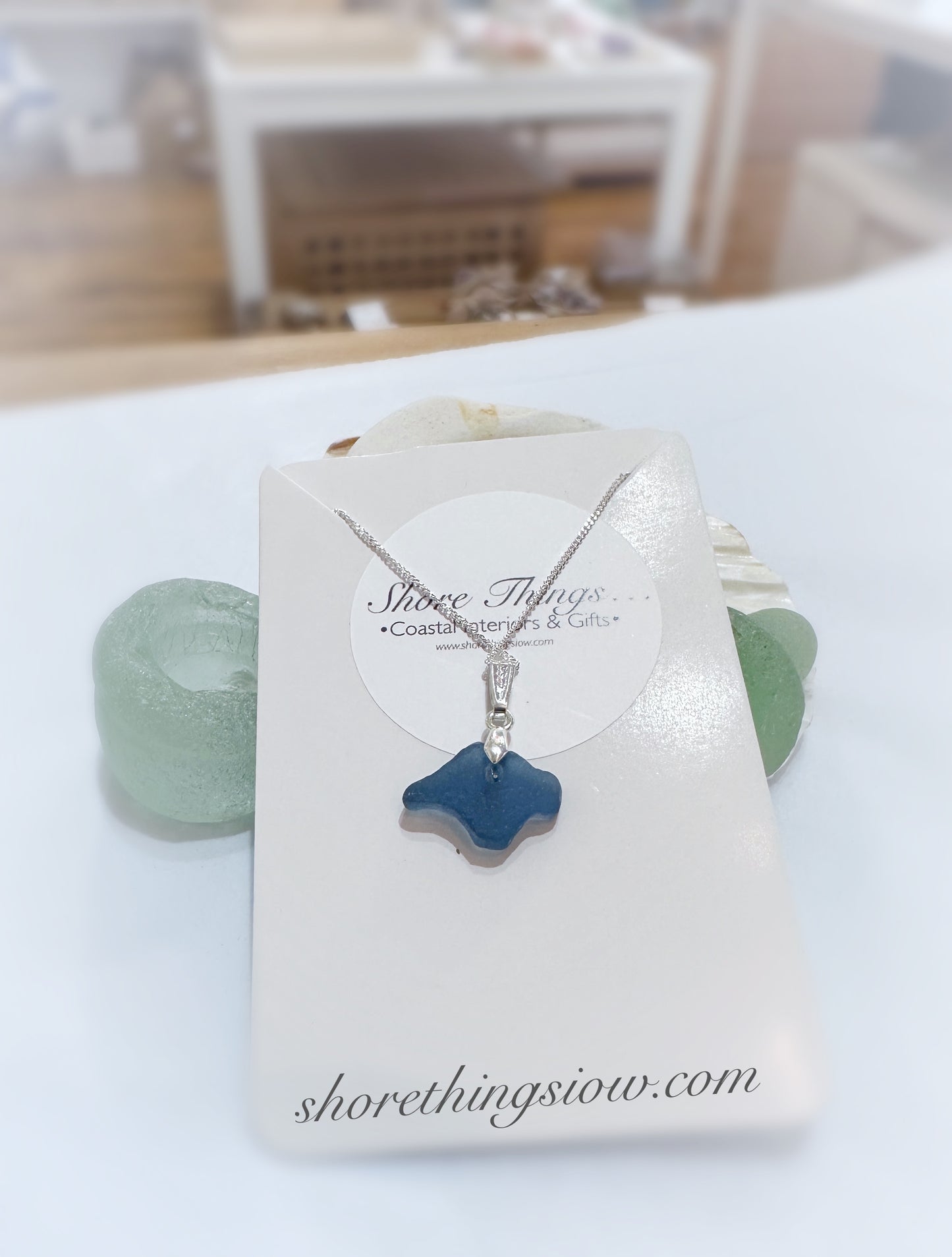 Sea Glass Carved Isle of Wight Necklace 18” Stirling Silver