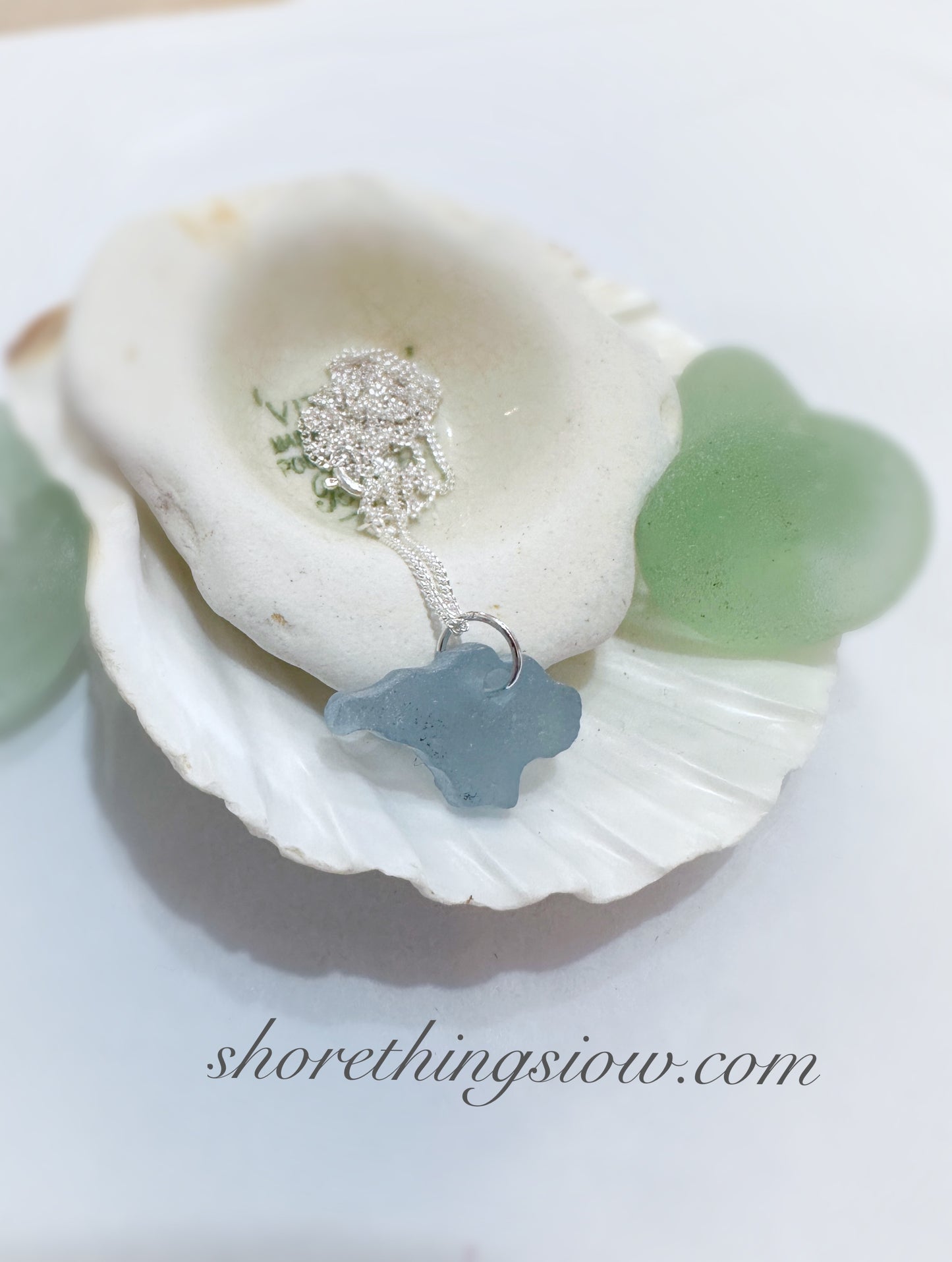 Sea Glass Carved Isle of Wight Necklace 18” Stirling Silver