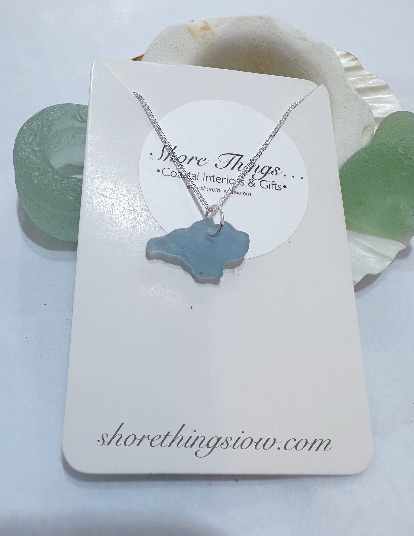 Sea Glass Carved Isle of Wight Necklace 18” Stirling Silver