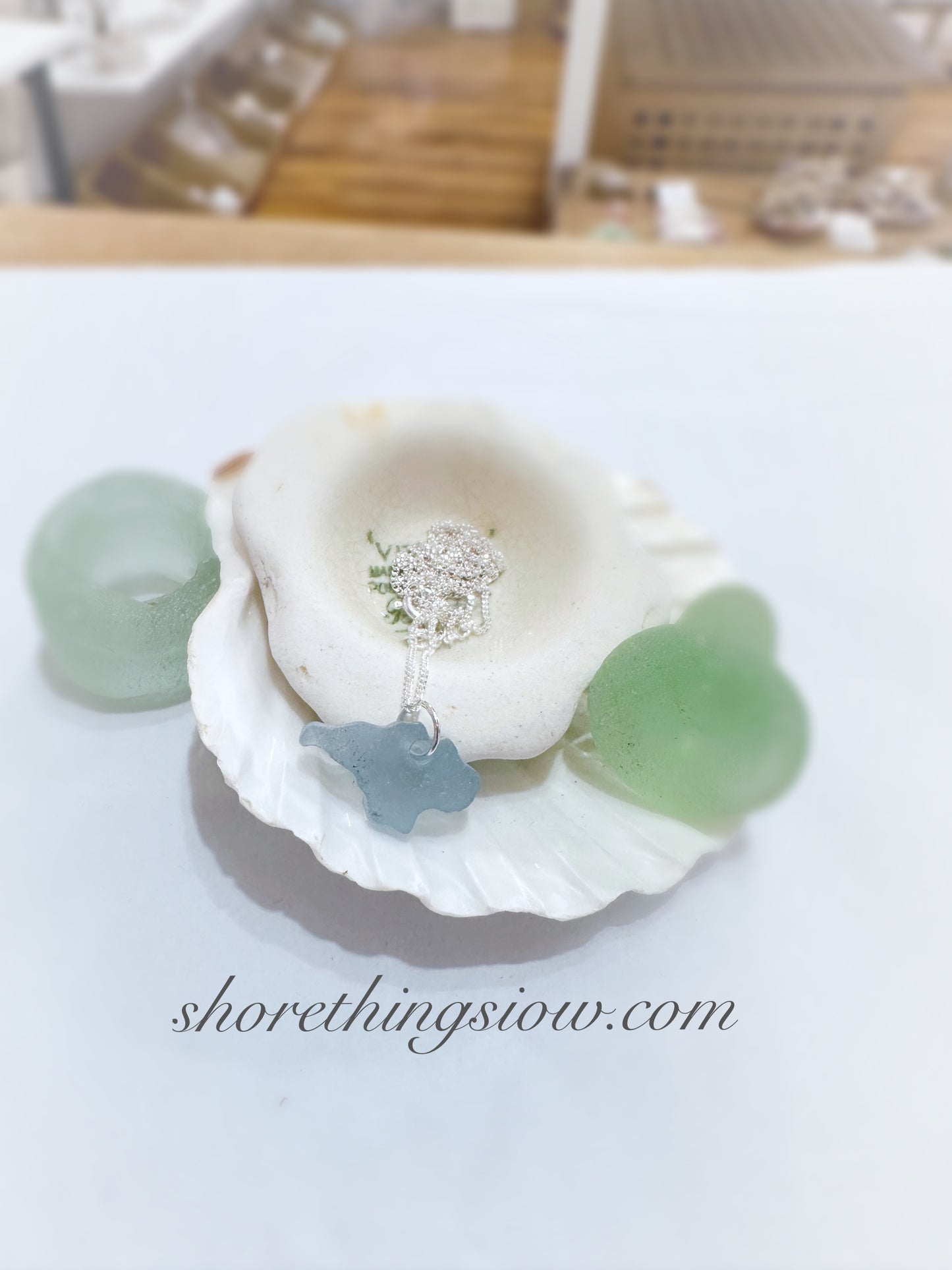 Sea Glass Carved Isle of Wight Necklace 18” Stirling Silver