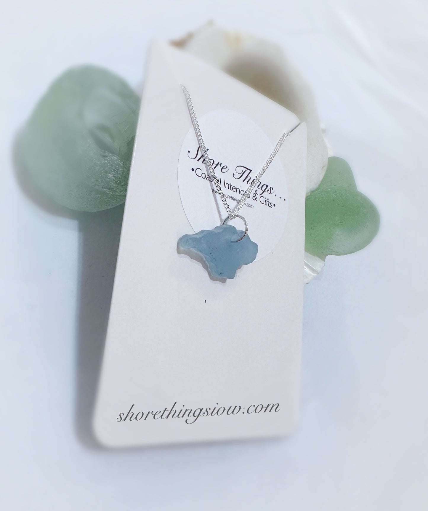 Sea Glass Carved Isle of Wight Necklace 18” Stirling Silver
